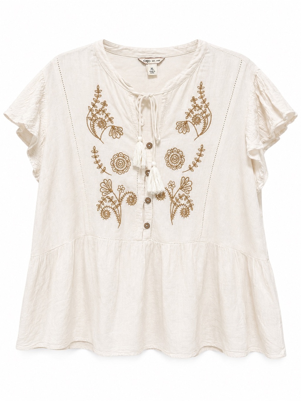 Cato Boho Indie Embroidered Peasant Blouse XL Linen Blend Tassel Flutter Sleeve